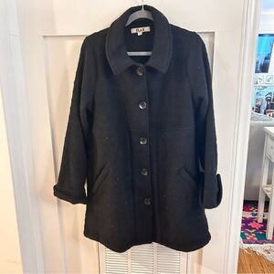 Flax Boiled Wool Blend Black Pea Coat Button Down Overcoat